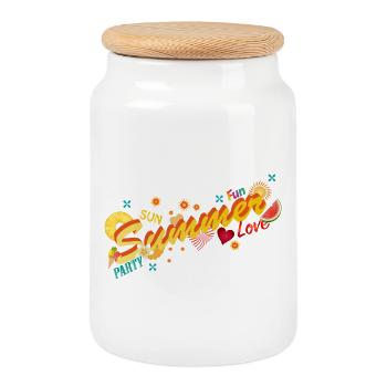 Sonne Sommer Spaß und Party. Sommer Schriftzug - Keksdose mit Holzdeckel - Weiß - Vorne