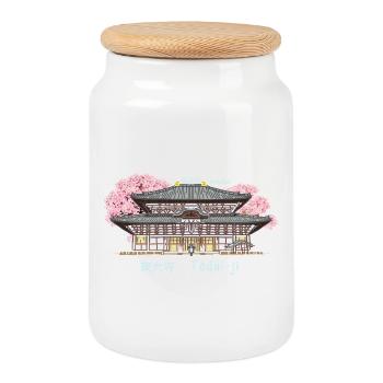 Nara Todai-ji, World Heritage, Temple in Japan Drawing - Cookie Jar with Wooden Lid - white - Front