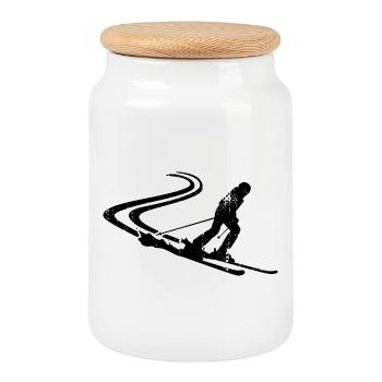 Dessin de skieur - Boîte à biscuits avec couvercle en bois - blanc - Devant