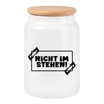 Toilettensprüche - NICHT IM STEHEN - Keksdose mit Holzdeckel - Weiß - Vorne