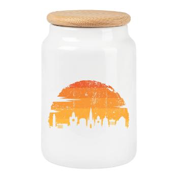 Golden Sunset Cityscape Silhouette - Cookie Jar with Wooden Lid - white - Front