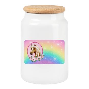 Horse with flowers and glitter rainbow - Cookie Jar with Wooden Lid - white - Front