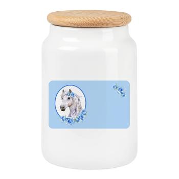 White Horse - Roses Light Blue | Customisable - Cookie Jar with Wooden Lid - white - Front
