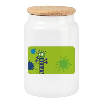 Long Thin Monster & Splashes of Color - Green Blue - Cookie Jar with Wooden Lid - white - Front