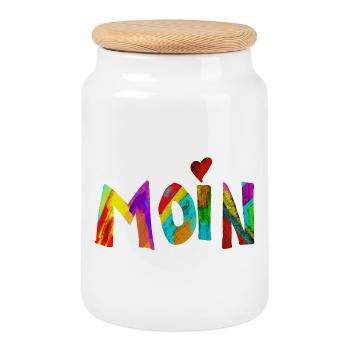 Moin Regenbogen Pinselbuchstaben - Keksdose mit Holzdeckel - Weiß - Vorne