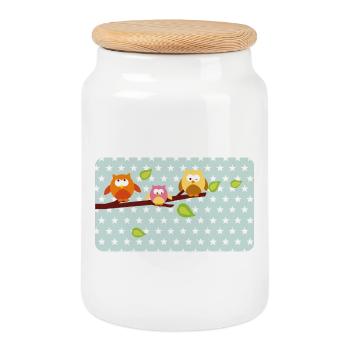 Little owls with mint asterisk | Customisable - Cookie Jar with Wooden Lid - white - Front
