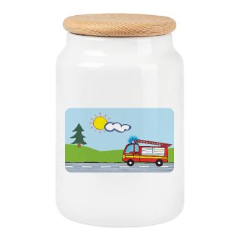 Fire Brigade Fire Truck Emergency Vehicles - Cookie Jar with Wooden Lid - white - Front