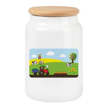 Farm Tractor - Cows Fields Windmill - Cookie Jar with Wooden Lid - white - Front