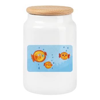 Pisces - Funny Orange Puffer Fish with Air Bubbles - Cookie Jar with Wooden Lid - white - Front