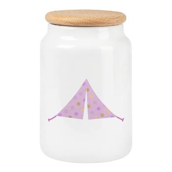 Tente Pink Dots Dots Camping Camper Girl - Boîte à biscuits avec couvercle en bois - blanc - Devant