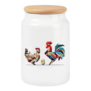Rooster, Hen and Chick – Geometric Easter Motif - Cookie Jar with Wooden Lid - white - Front
