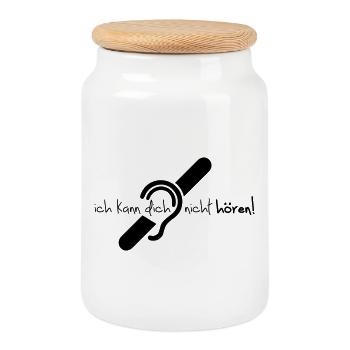 Ich kann dich nicht hören. Limited hearing. - Cookie Jar with Wooden Lid - white - Front