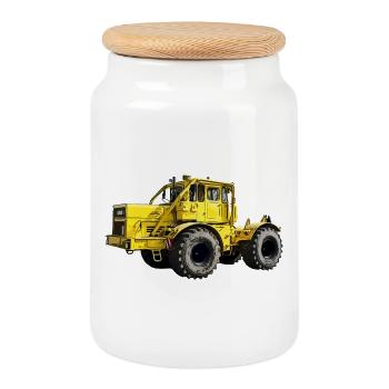 Yellow Power Machine K700 Tractor - Cookie Jar with Wooden Lid - white - Front