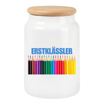 First Year Colored Pencil Design - Cookie Jar with Wooden Lid - white - Front