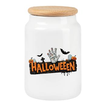 Halloween – Zombie Hand & Pumpkins. - Cookie Jar with Wooden Lid - white - Front