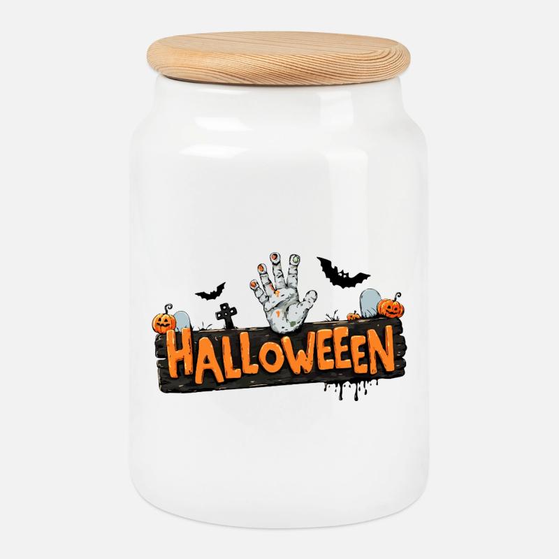 Halloween – Main de zombie et citrouilles. - Boîte à biscuits avec couvercle en bois - blanc