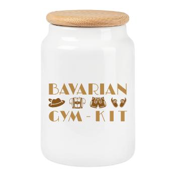 Illustration de kit de gym bavarois - Boîte à biscuits avec couvercle en bois - blanc - Devant