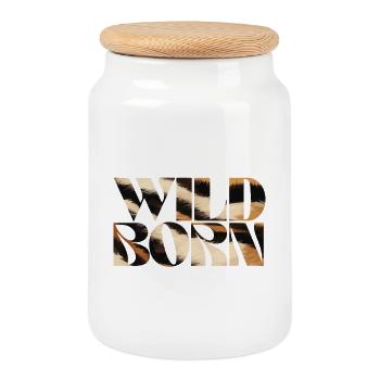 Wild Born Animal Print Text Art - Cookie Jar with Wooden Lid - white - Front