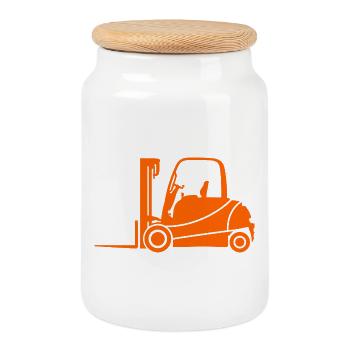 Gabelstapler Silhouette: Transport & Staplerfahrer - Keksdose mit Holzdeckel - Weiß - Vorne