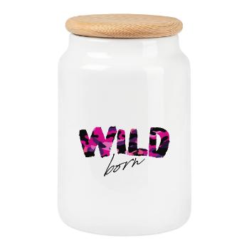 Wild Born Pink Camouflage Bold Letters - Cookie Jar with Wooden Lid - white - Front