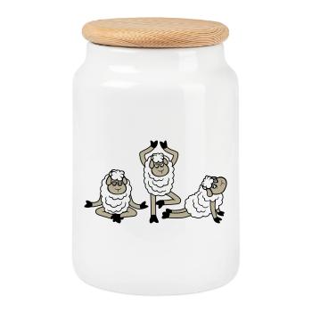 Sheep Three Tired Exhausted Yoga Meditation 3 Poses - Cookie Jar with Wooden Lid - white - Front