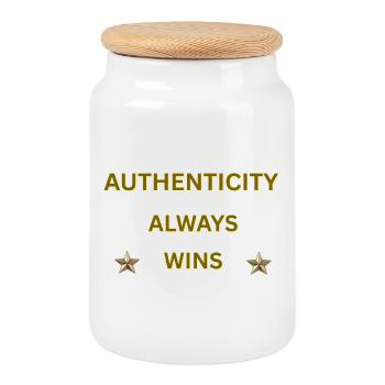 L’AUTHENTICITÉ GAGNE TOUJOURS – Citation motivationnelle en or - Boîte à biscuits avec couvercle en bois - blanc - Devant