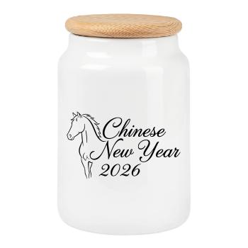 Chinese New Year 2026 – Horse Line Illustration - Cookie Jar with Wooden Lid - white - Front