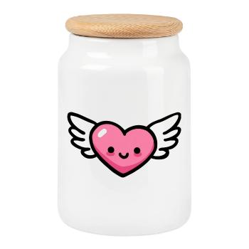 Cœur Kawaii avec Ailes d’Ange Amour - Boîte à biscuits avec couvercle en bois - blanc - Devant