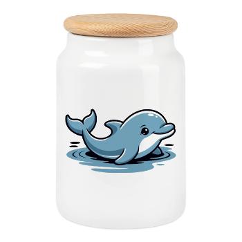 Blue Dolphin Cartoon Waves - Cookie Jar with Wooden Lid - white - Front