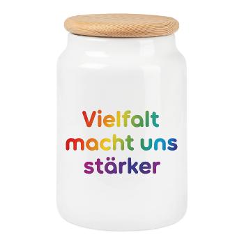 Vielfalt macht uns stärker - Keksdose mit Holzdeckel - Weiß - Vorne