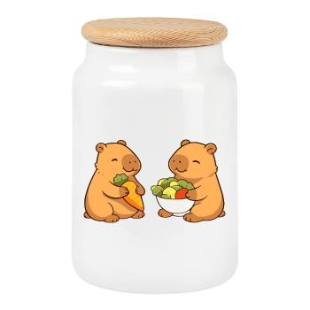 Capybara couple with vegetables – relaxed & cute - Cookie Jar with Wooden Lid - white - Front