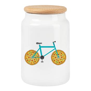 Mountain Bike With Pizza Wheels - Cookie Jar with Wooden Lid - white - Front