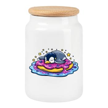 Pingouin endormi sur un donut - Boîte à biscuits avec couvercle en bois - blanc - Devant