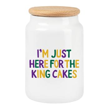 I'm Just Here for the King Cakes Mardi Gras Fun - Cookie Jar with Wooden Lid - white - Front