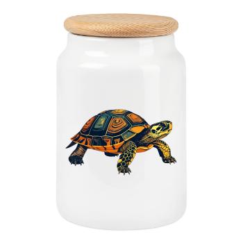 Turtle Portrait Motif - Cookie Jar with Wooden Lid - white - Front