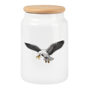 Funny seagull stealing fries on the beach - Cookie Jar with Wooden Lid - white - Front