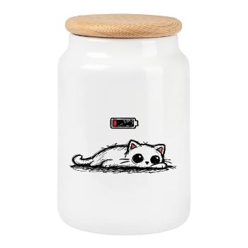 Battery low – Cute Cat Minimal Statement - Cookie Jar with Wooden Lid - white - Front