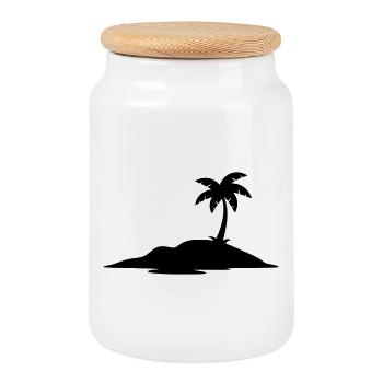 Tropical Island with Palm Tree Silhouette - Cookie Jar with Wooden Lid - white - Front