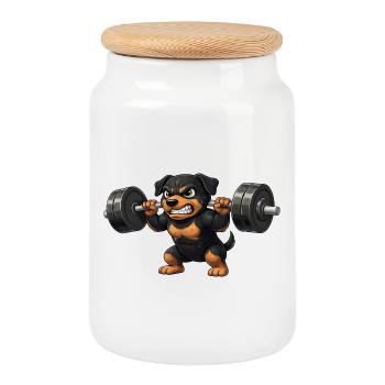 Cute Rottweiler Cartoon Weightlifter Fitness Bodysuit - Cookie Jar with Wooden Lid - white - Front