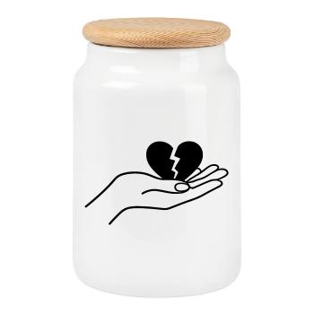 Broken Heart In Hand Minimal Line Art Design - Cookie Jar with Wooden Lid - white - Front