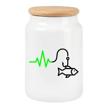 ECG Heart Rate Fish Hook Outline - Cookie Jar with Wooden Lid - white - Front