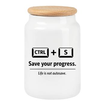 Save your progress. Life is not autosave. - Keksdose mit Holzdeckel - Weiß - Vorne