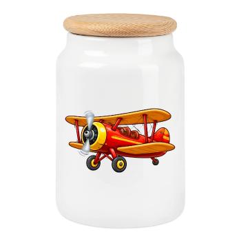 Motif d’avion biplan Dessin animé rétro - Boîte à biscuits avec couvercle en bois - blanc - Devant