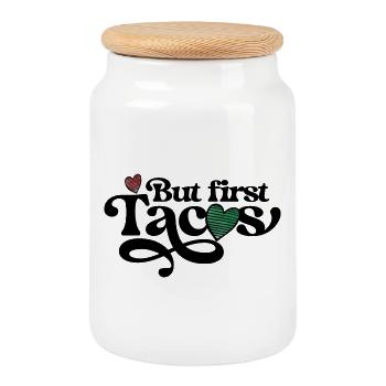 Striped Handdrawn Hearts on Black - Cookie Jar with Wooden Lid - white - Front