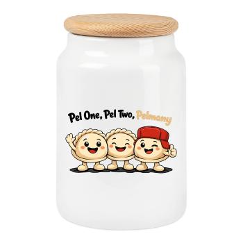 Pel un, pel deux, pelmany – Amis pelmeni - Boîte à biscuits avec couvercle en bois - blanc - Devant
