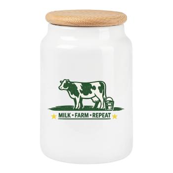Für Bäuerin und Bauer. Kuh mit Milk-Farm-Repeat - Keksdose mit Holzdeckel - Weiß - Vorne