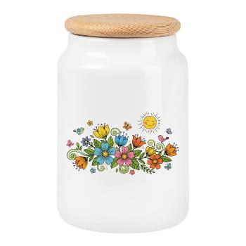 Wild flower garden with cheerful bright sun - Cookie Jar with Wooden Lid - white - Front