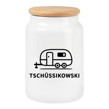 Tschüssikowski Camping Urlaub Wohnwagen Ferien - Keksdose mit Holzdeckel - Weiß - Vorne