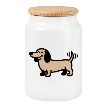 Fröhlicher Dackel Hund Comic - Keksdose mit Holzdeckel - Weiß - Vorne