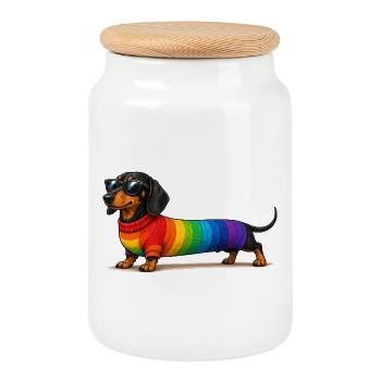 Lustiger Dackel Regenbogen Hund Shirt - Keksdose mit Holzdeckel - Weiß - Vorne